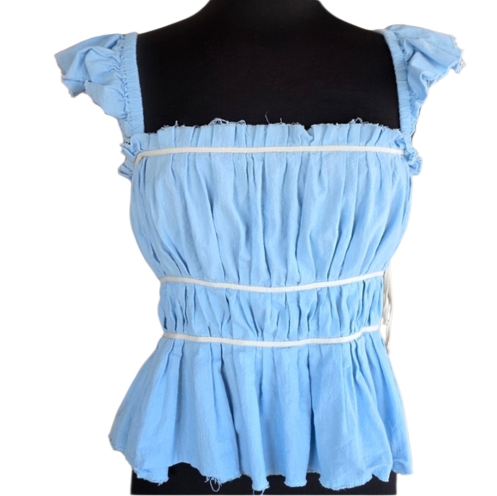 Free People M Rare Blue Claud Corset Top Sky Beach Vacation Ruffled Tank Claude